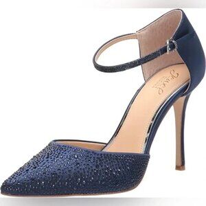 NWT Jewel Badgley Mischka Jailene Navy Satin Pointed Toe Ankle Strap Heels SZ 8